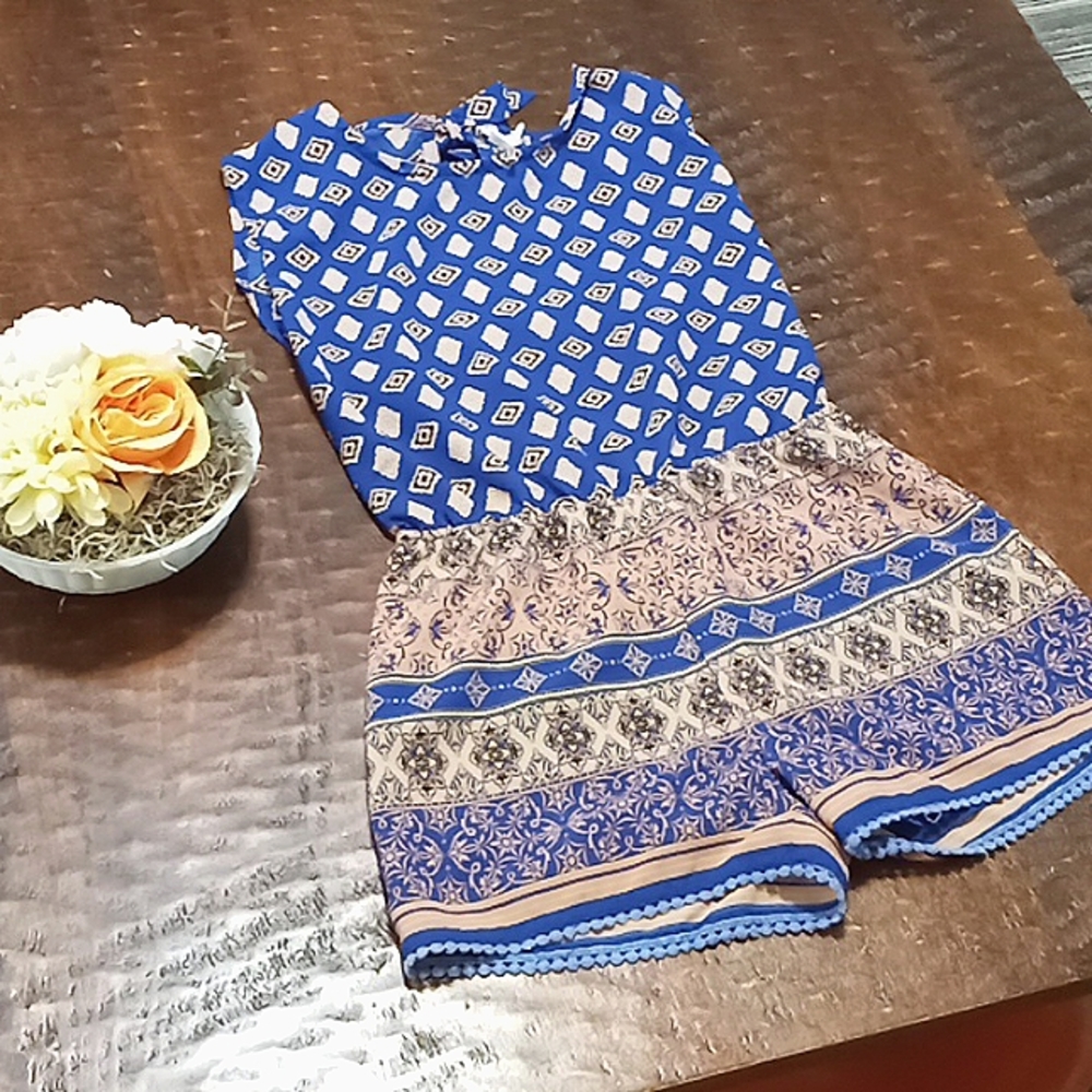 Women's Blue Paisley Boho Jumpsuit/Short/Romper,Size L/14